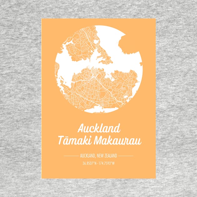 City map in golden yellow: Auckland Tamaki Makaurau, New Zealand with retro vintage flair by AtlasMirabilis